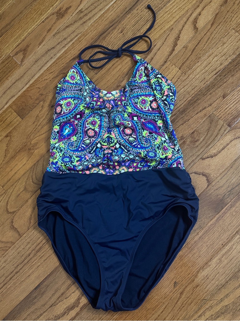 Athleta Paisley Halter One Piece Swim Suit Navy Green Size M